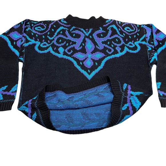 La Venture Vintage Abstract Jacquard Cozy 80’s Teal Black Purple Sweater - Picture 3 of 9
